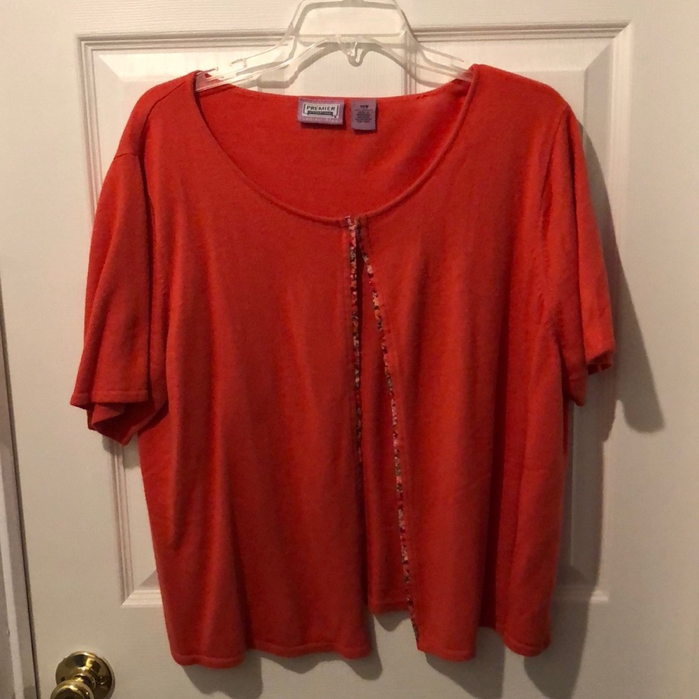 18W Premium International Orange Short Sleeve Cardigan with floral trim